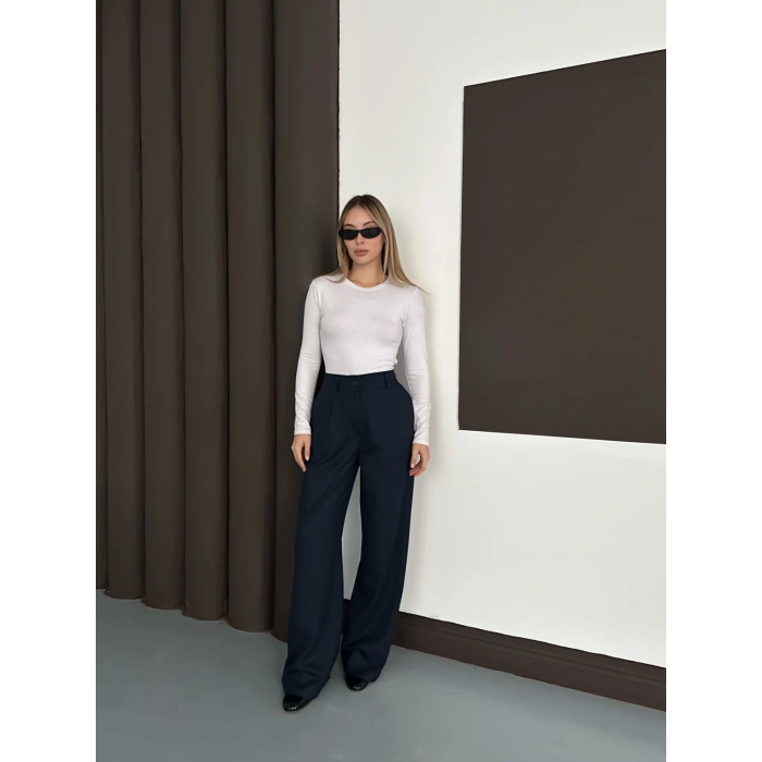 Yüksek Bel Pileli Palazzo Kumaş Pantolon Lacivert