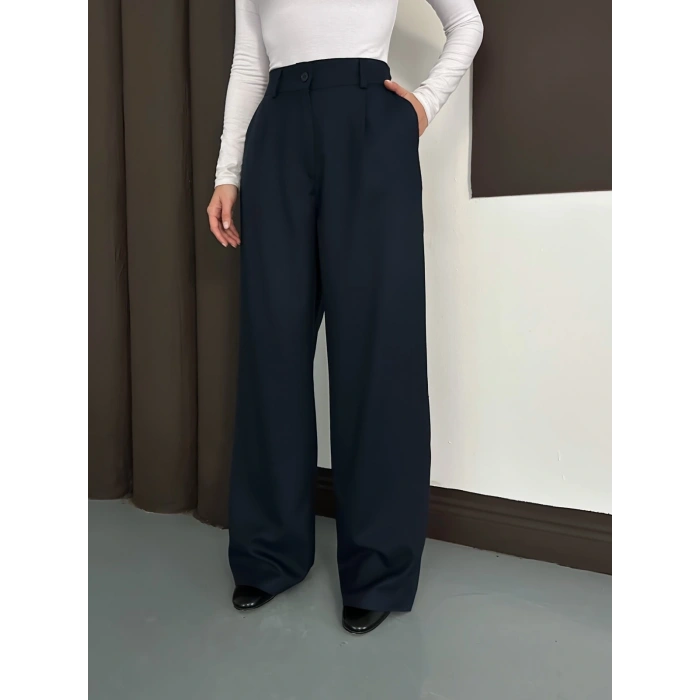 Yüksek Bel Pileli Palazzo Kumaş Pantolon Lacivert