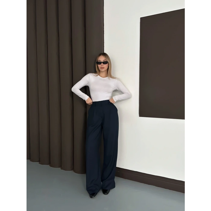 Yüksek Bel Pileli Palazzo Kumaş Pantolon Lacivert