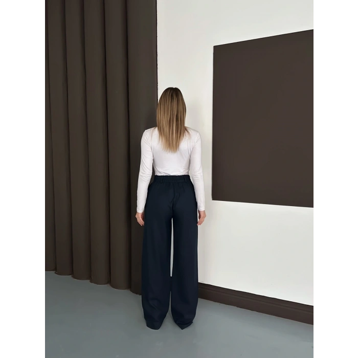 Yüksek Bel Pileli Palazzo Kumaş Pantolon Lacivert