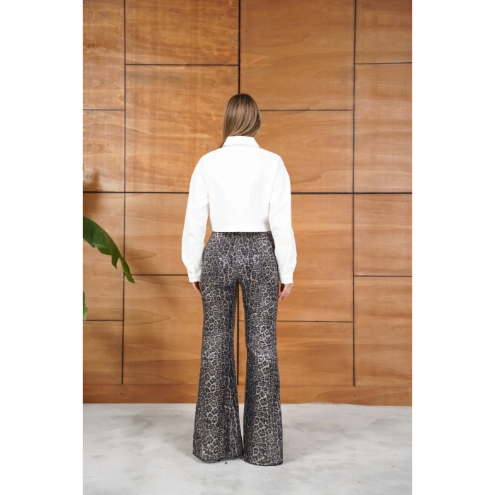 Yüksek Bel Şık Gömlek-Pantolon İkili Set Leopar