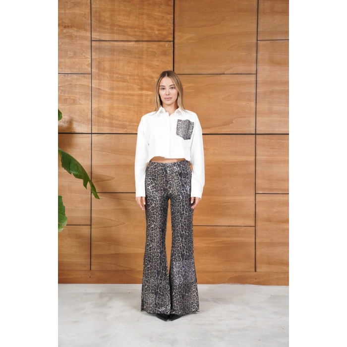 Yüksek Bel Şık Gömlek-Pantolon İkili Set Leopar