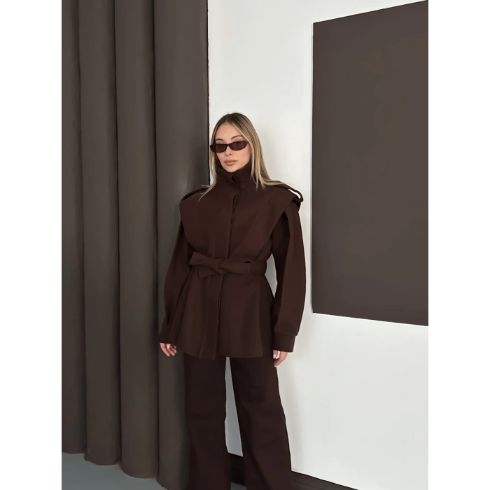 Yüksek Yaka A Kalite Kaşe Tasarım Ceket Acı Kahve