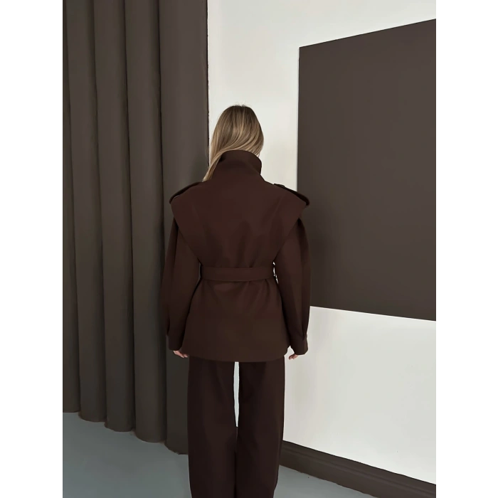 Yüksek Yaka A Kalite Kaşe Tasarım Ceket Acı Kahve