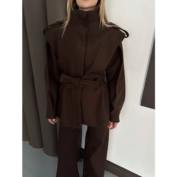 Yüksek Yaka A Kalite Kaşe Tasarım Ceket Acı Kahve