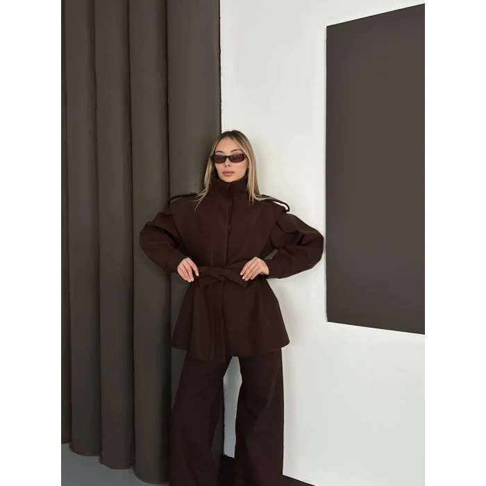 Yüksek Yaka A Kalite Kaşe Tasarım Ceket Acı Kahve