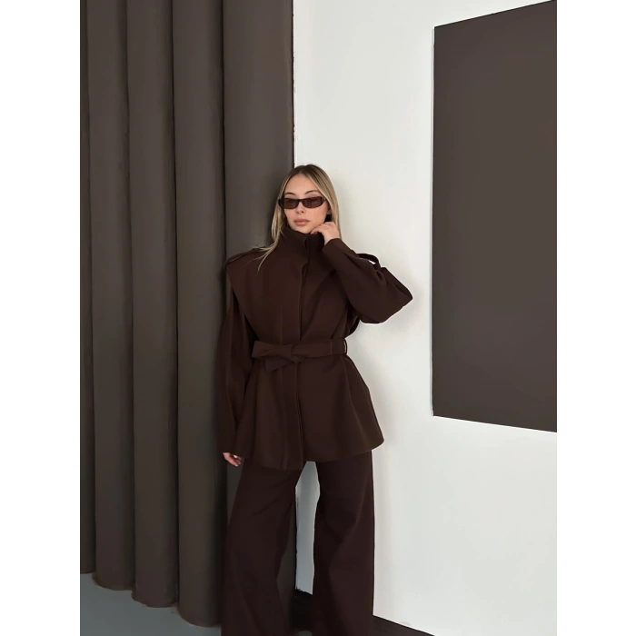 Yüksek Yaka A Kalite Kaşe Tasarım Ceket Acı Kahve