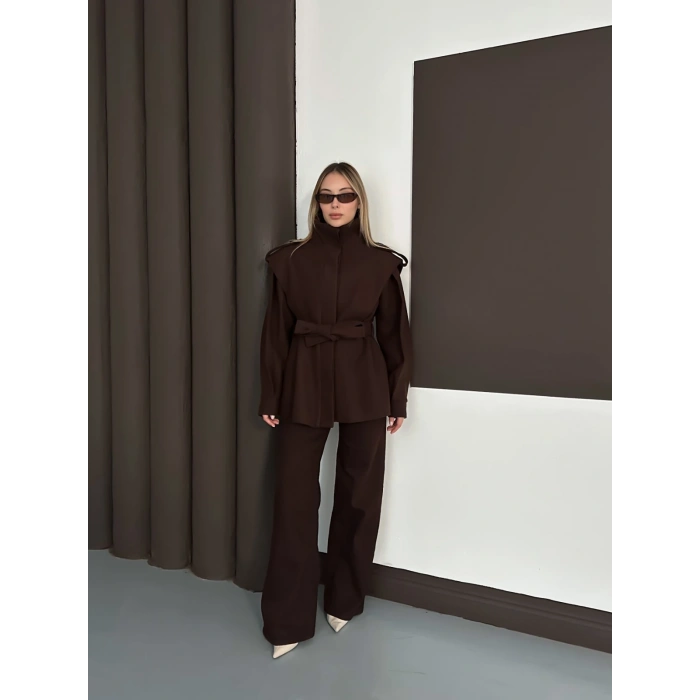 Yüksek Yaka A Kalite Kaşe Tasarım Ceket Acı Kahve