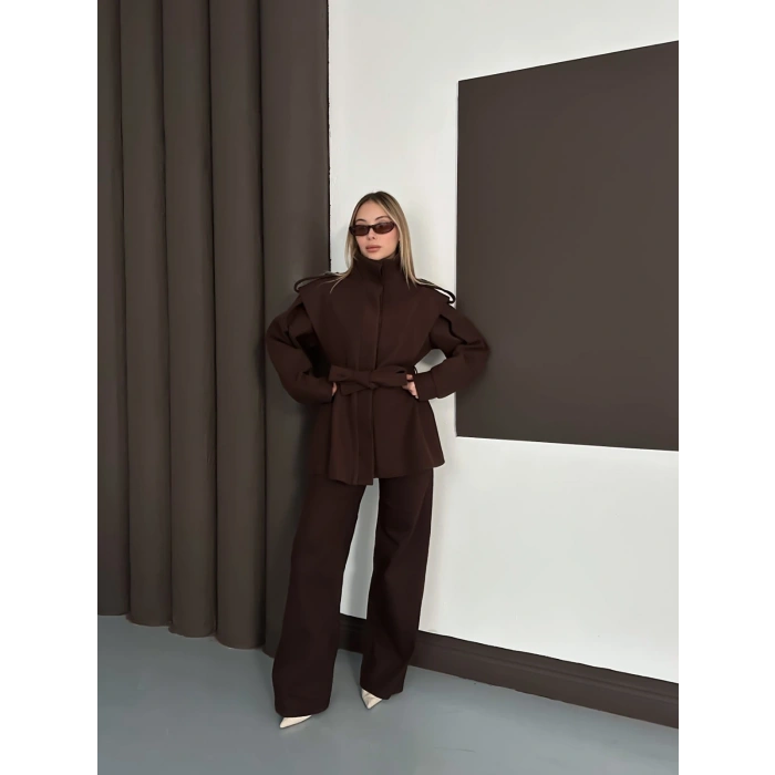 Yüksek Yaka A Kalite Kaşe Tasarım Ceket Acı Kahve