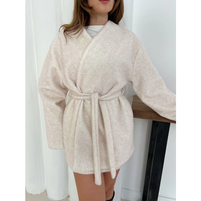 Yumuşak Dokulu Belden Kuşaklı Ceket Ekru