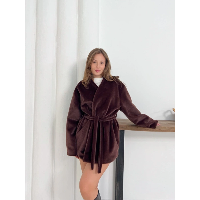 Yumuşak Dokulu Belden Kuşaklı Ceket Kahverengi