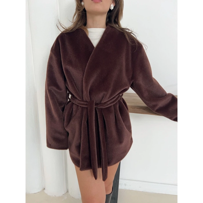 Yumuşak Dokulu Belden Kuşaklı Ceket Kahverengi