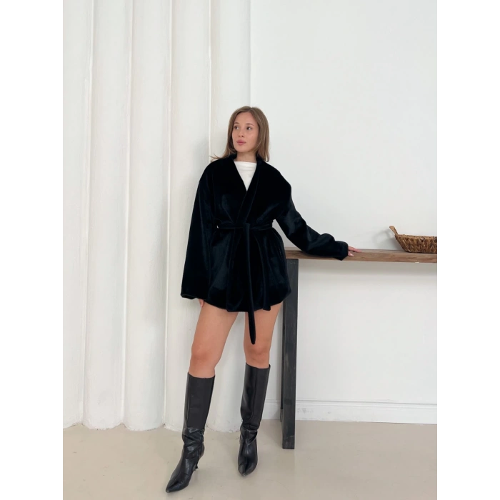 Yumuşak Dokulu Belden Kuşaklı Ceket Siyah