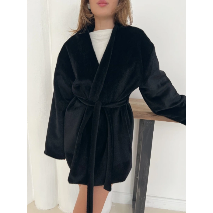 Yumuşak Dokulu Belden Kuşaklı Ceket Siyah