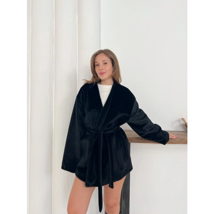 Yumuşak Dokulu Belden Kuşaklı Ceket Siyah