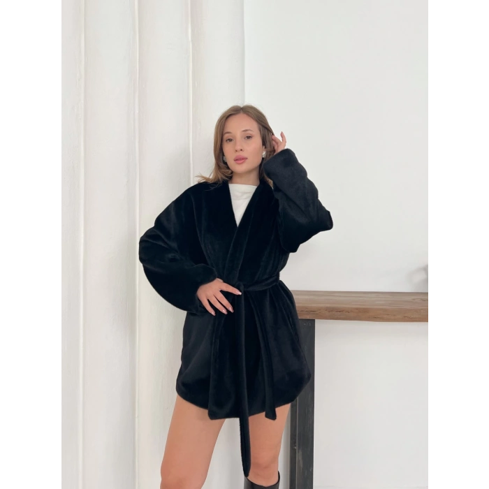 Yumuşak Dokulu Belden Kuşaklı Ceket Siyah