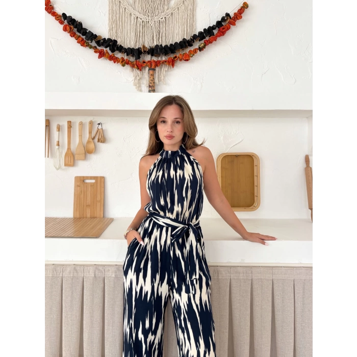 Zebra Desen Kuşaklı Tulum Siyah