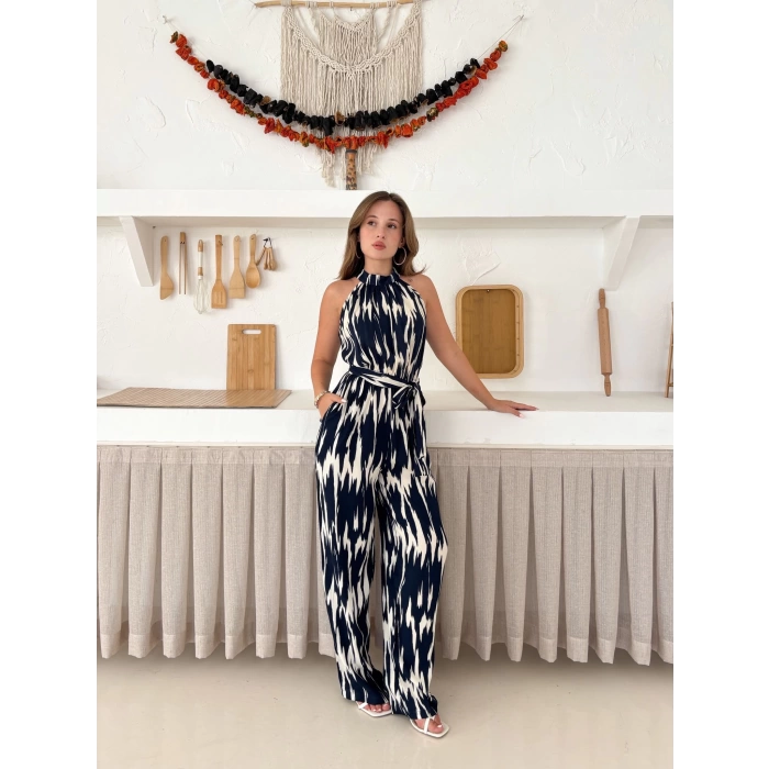 Zebra Desen Kuşaklı Tulum Siyah