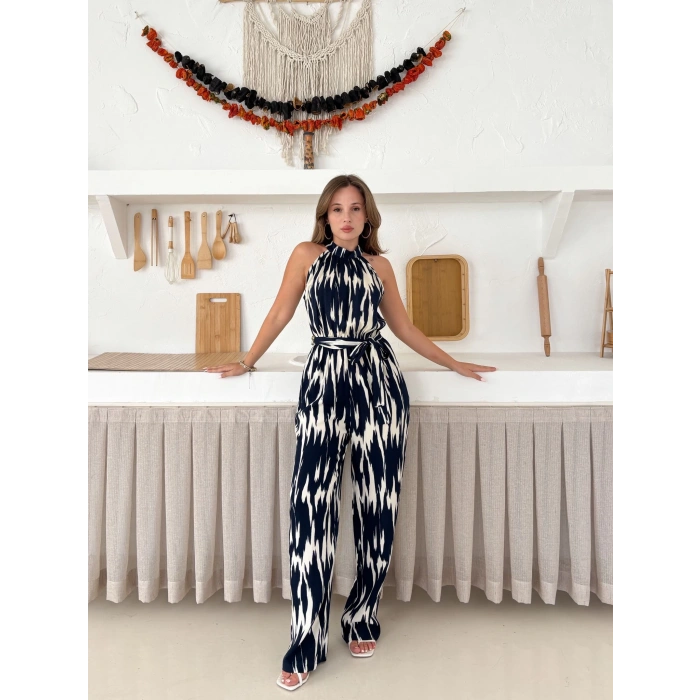 Zebra Desen Kuşaklı Tulum Siyah