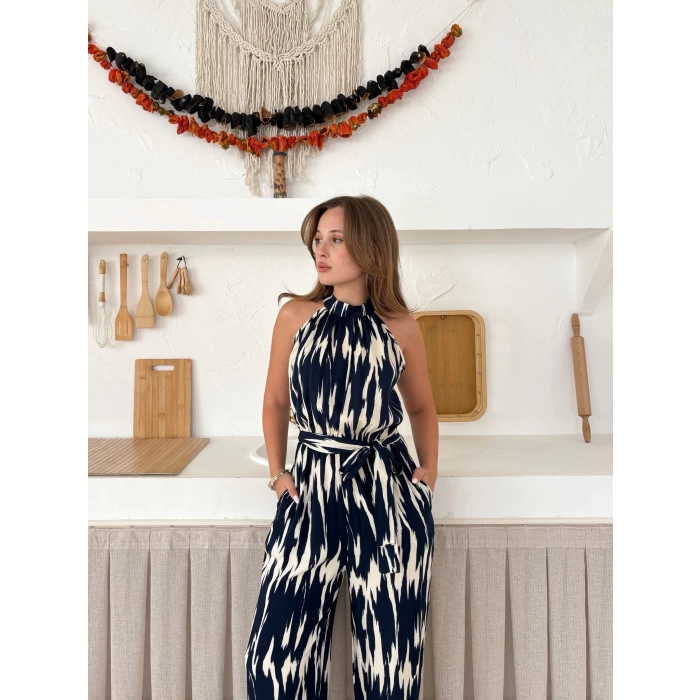 Zebra Desen Kuşaklı Tulum Siyah