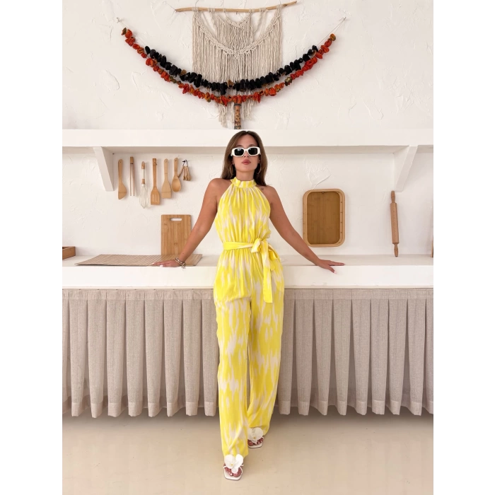 Zebra Desen Kuşaklı Tulum Sarı
