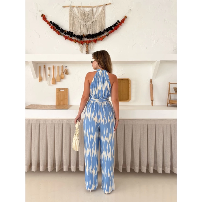 Zebra Desen Kuşaklı Tulum Mavi