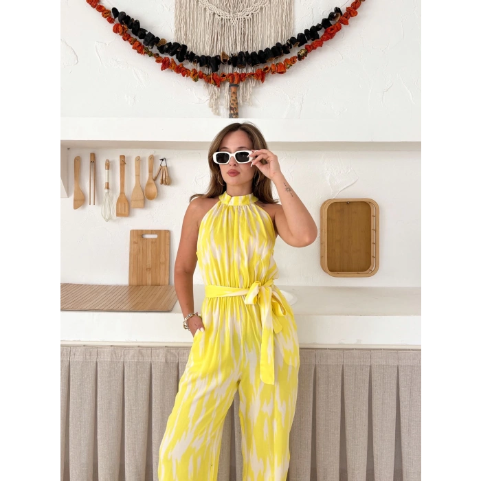 Zebra Desen Kuşaklı Tulum Sarı
