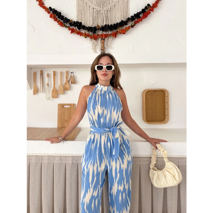 Zebra Desen Kuşaklı Tulum Mavi