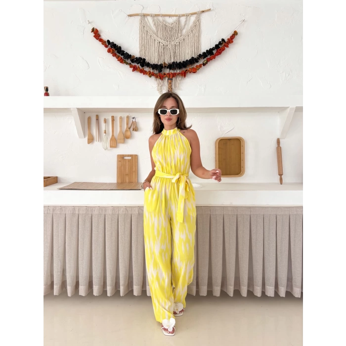 Zebra Desen Kuşaklı Tulum Sarı