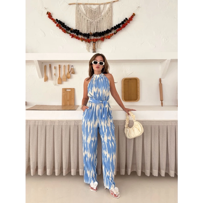 Zebra Desen Kuşaklı Tulum Mavi