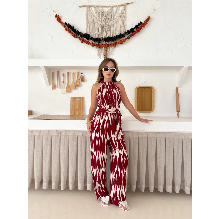 Zebra Desen Kuşaklı Tulum Bordo