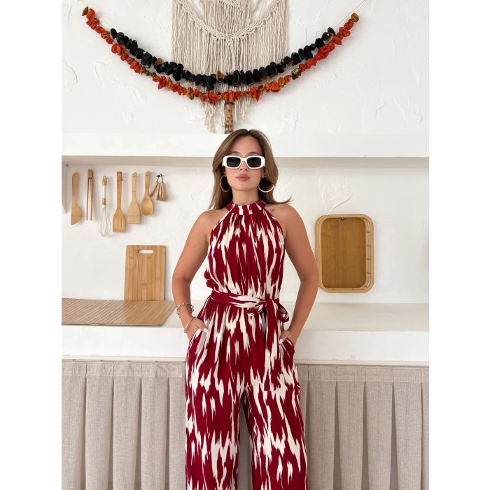 Zebra Desen Kuşaklı Tulum Bordo