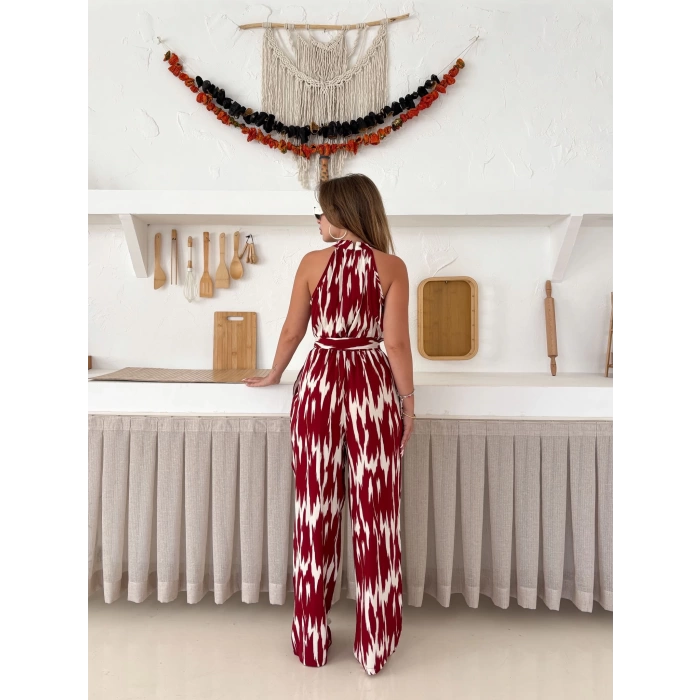 Zebra Desen Kuşaklı Tulum Bordo