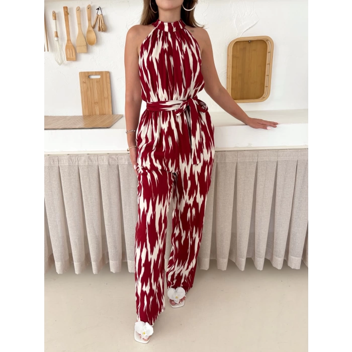 Zebra Desen Kuşaklı Tulum Bordo