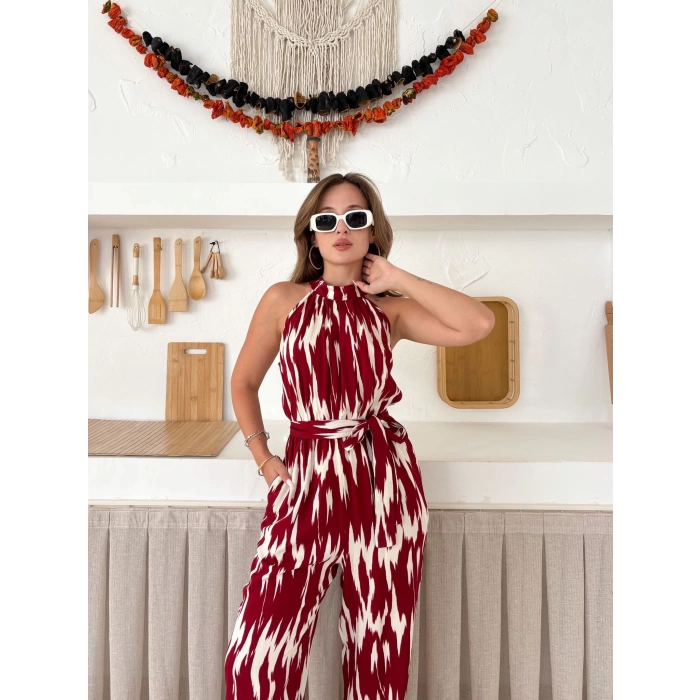 Zebra Desen Kuşaklı Tulum Bordo