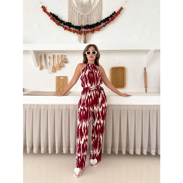 Zebra Desen Kuşaklı Tulum Bordo