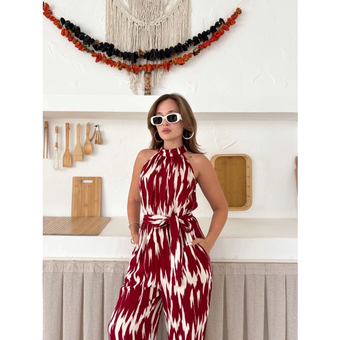 Zebra Desen Kuşaklı Tulum Bordo