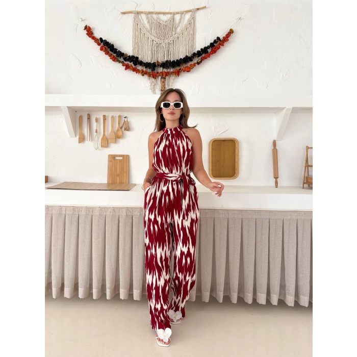 Zebra Desen Kuşaklı Tulum Bordo