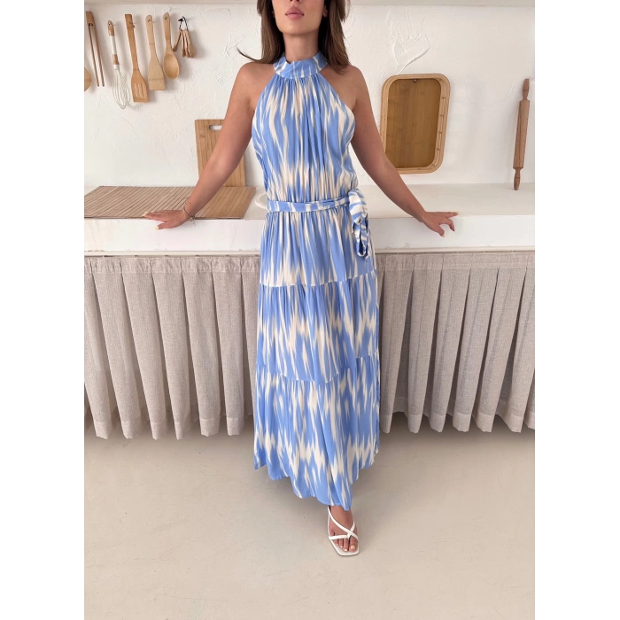 Zebra Vibe Bel Kuşaklı Elbise Mavi