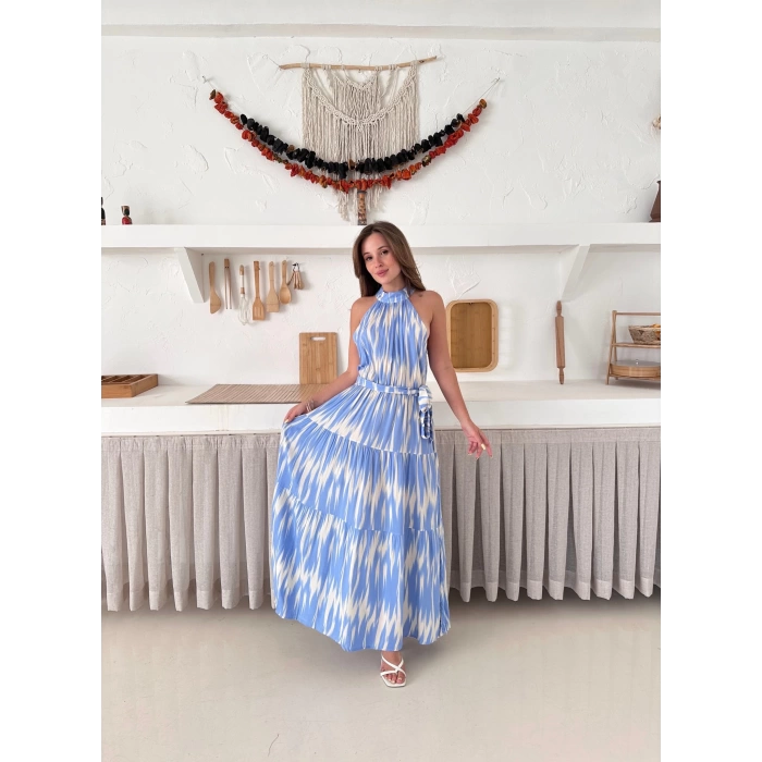 Zebra Vibe Bel Kuşaklı Elbise Mavi