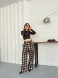 Ekose Yüksek Bel Bol Paça Pantolon Kahve