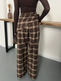 Ekose Yüksek Bel Fularlı Pantolon Kahve