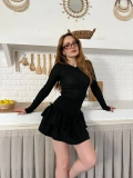 Kuş Gözü Detaylı İçi Şortlu Mini Etek Siyah