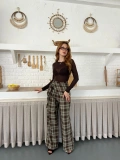 Ekose Yüksek Bel Fularlı Pantolon Kahve Yeşil