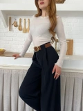 Pile Detaylı Kemerli Bol Paça Pantolon Lacivert