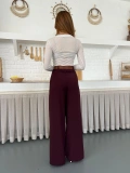 Pile Detaylı Kemerli Bol Paça Pantolon Bordo