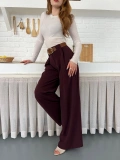 Pile Detaylı Kemerli Bol Paça Pantolon Bordo