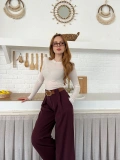 Pile Detaylı Kemerli Bol Paça Pantolon Bordo
