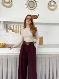 Pile Detaylı Kemerli Bol Paça Pantolon Bordo