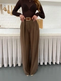 Pile Detaylı Kemerli Bol Paça Pantolon Sütlü Kahve